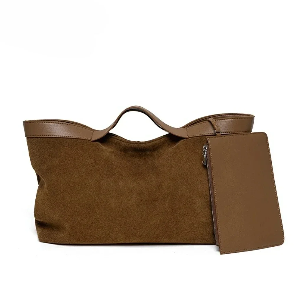 Luxury Design Winter New Suede Big Tote Women Matte Cowhide Leather Handbag Oversized Shoulder Bowling Shopper Purse