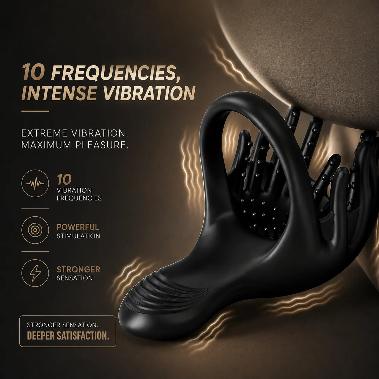Silicone ring with black flexible body, multi-point contact design, and private adult wellness styling
