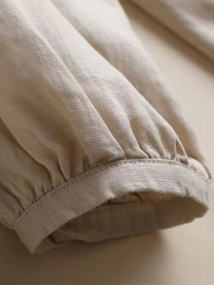 Damen-Laterne Sve irt Baumwoll-Leinen-Puppe irt Nine Sve Länge, normale Version, lockere Passform, rundes Ne-Knopfdetail