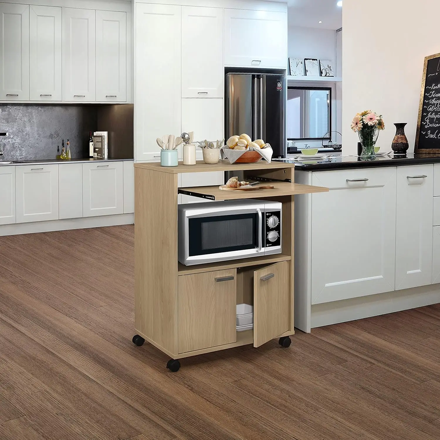 

Шкаф для микроволновой печи с местом для хранения и верхней выдвижной полкой - 2-дверный шкаф, кухонная тележка для хранения - кухонная тележка из ламината