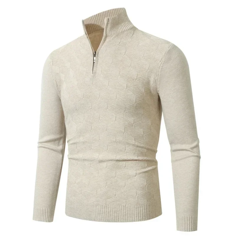 New Men's Autumn and Winter Semi High Neck Zipper Solid Color Pullover , High-end Plus Size Trendy Jacquard Sweater