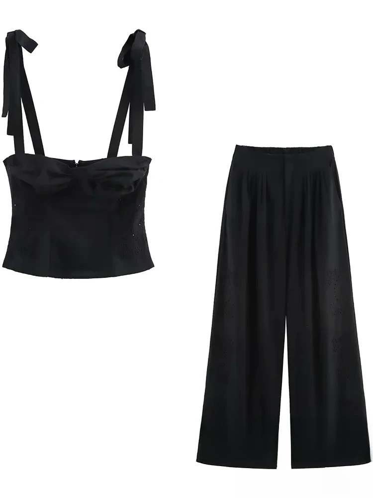 

KONDALA Sexy Chic Women Suit Bow Embroidery Sleeveless Top Long Straight Zipper Pants New Fashion 2025 Spring Summer Female Sets