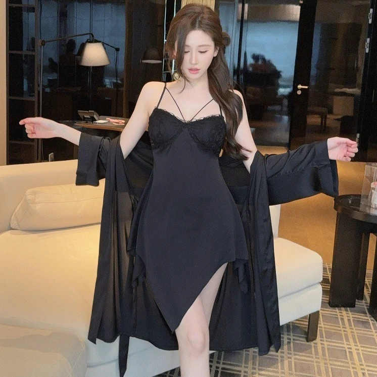 

Summer Bathrobe Nightgown Sleep Suit Womens 2PCS Sleepwear Nighty Robe Gown Sets Silky Satin Lace Kimono Nightdress Loungewear