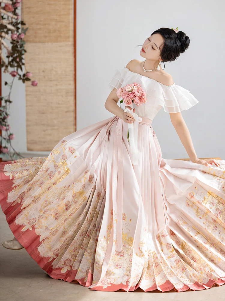 

Pink Dragon Bone Skirt Original National Sle One oulder Seven Tiered Pleats High Waist A-Line Hanfu Skirt