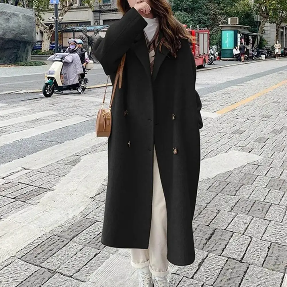 

Women Mid-length Coat with Double Pocket Design Stylish Double-breasted Women's Winter Coat with Mid-length Warm Lapel for Lady