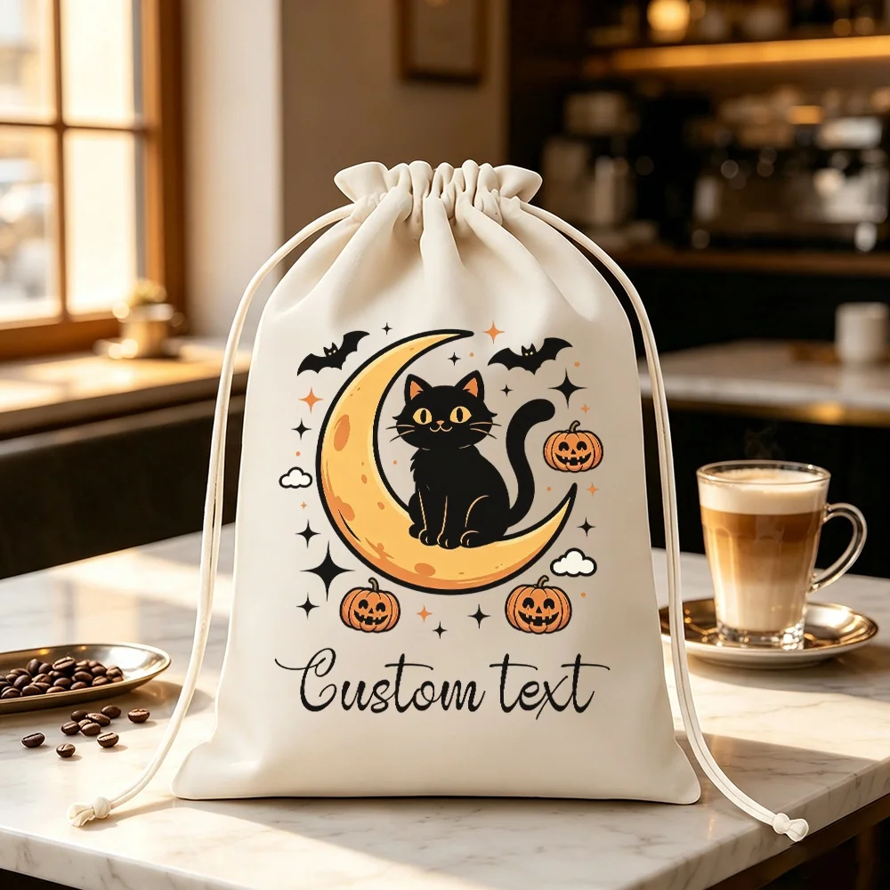 1Pc Custom Name/Text Halloween Imitation Hemp Gift Bag,Black Cat Moon Pumpkin Bat Pattern Design Drawstring Closure Storage Bags