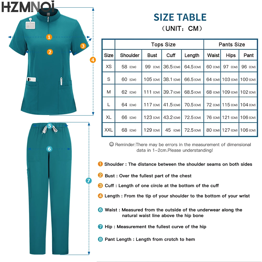 Medical Scrubs Uniform Women Nurse Zipper Scrub Set Pocket Tops Pants 2 Piece Surgical Suits Operating Suit Nursing Work Clothes
