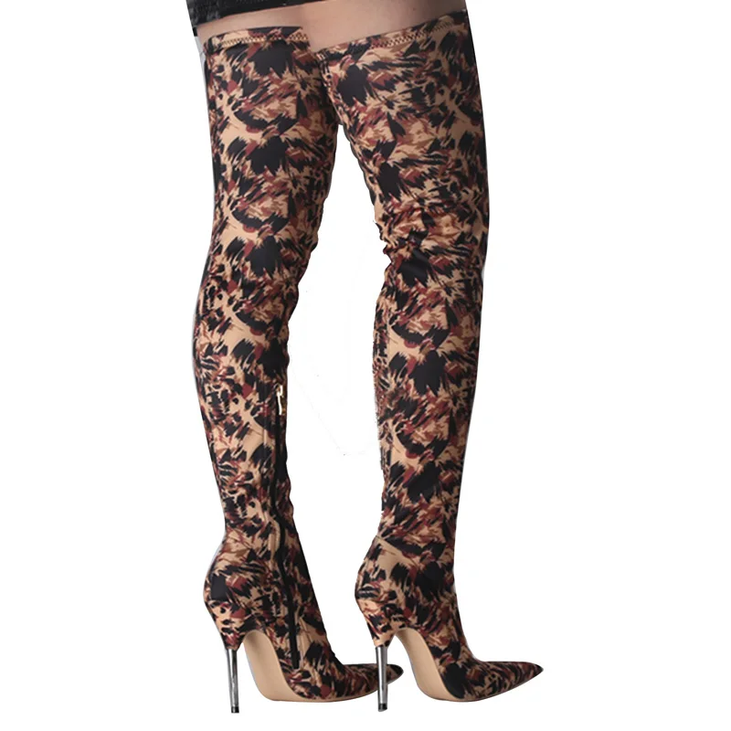 Stage Sexy Fire Leopard Floral Fabric Stretch Thigh Boots Metal High Heels Pointed Toe Over Knee Socks Boots Women's Botas