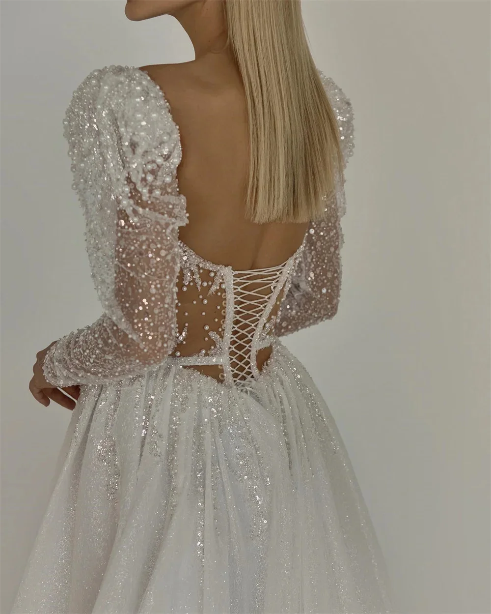 Elegant White Long Sleeve Sequin Wedding A Line Sweetheart Neck Pleated Bridal Gown Customized