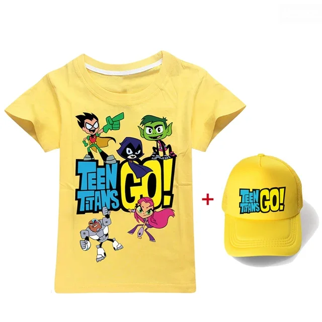 Summer Unisex 13 colour Teen Titans Go Short Sleeve Printing 100% cotton T-shirt+sunhat Boys Girls Clothes kids tee top Clothes