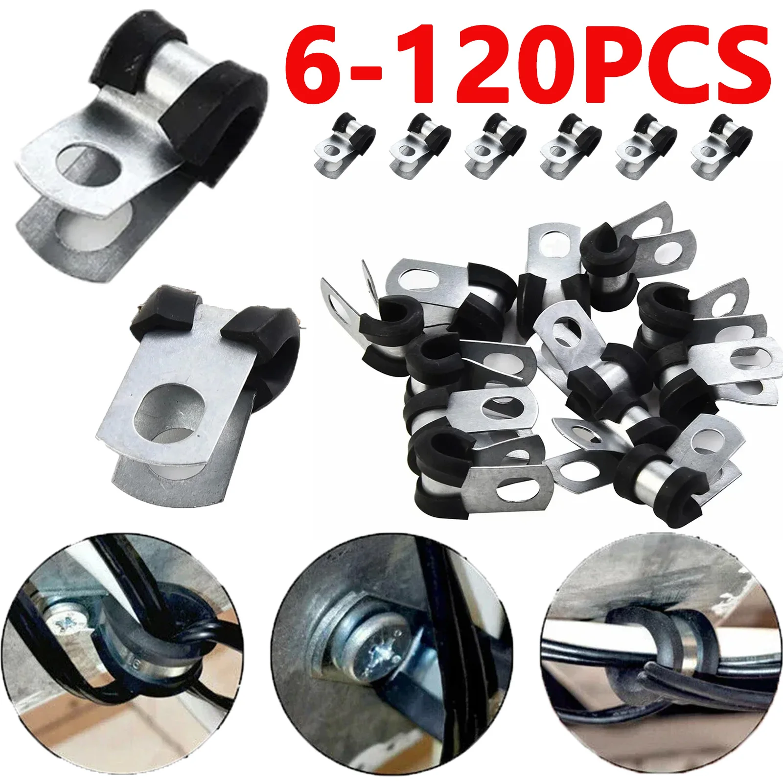 6-120PCS Metal P Clips Brake Gas Line Pipe Fixing Clamp Stainless Steel Hardware Rubber Lined Wiring Hose Pipe For 3/16