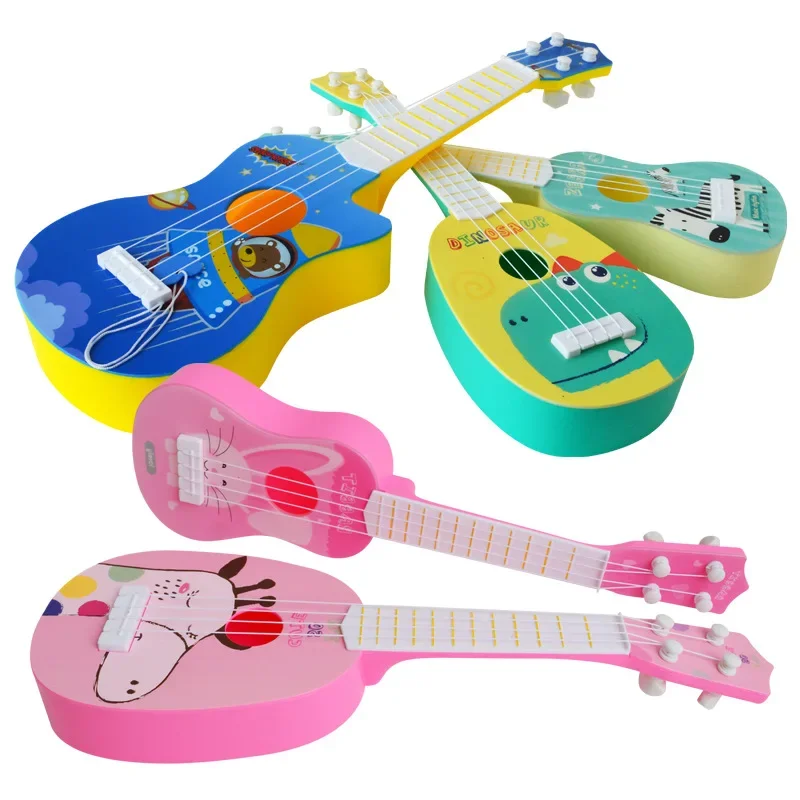 Instrumento de simulação de trompete infantil, ukulele, guitarra, mini quatro cordas, brinquedo musical para educação precoce, brinquedos fotográficos