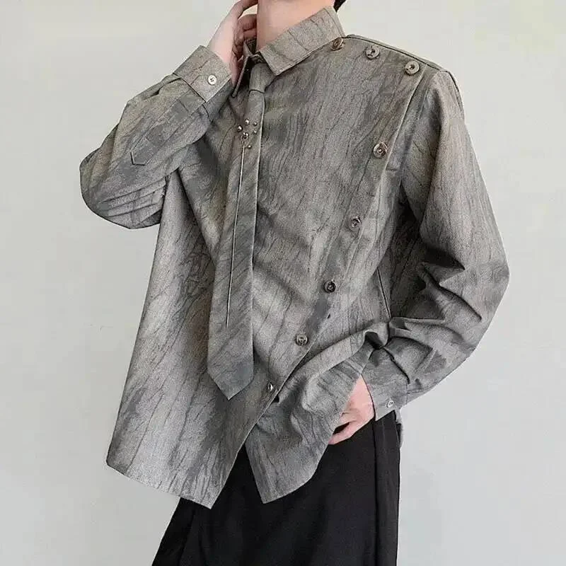 Niche Design Men Long Sleeve Shirt  Gradient Color Metal Chain Tie Asymmetric Collar Padded Shoulder Shirts 9W5ARV