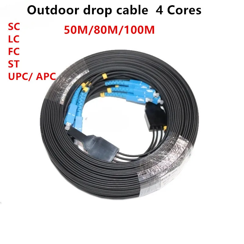 Outdoor Fiber Optic Drop Cable, FTTH 4 Cores, Single Mode Fiber Patch Cord, Jumper with LC SC UPC Connector, 50m, 80m, 100m