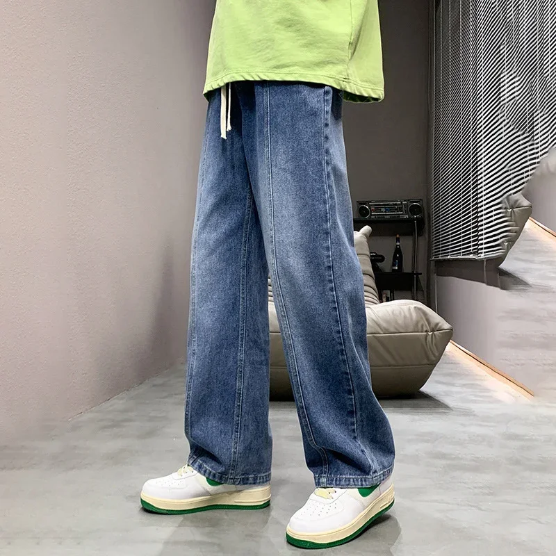 

Brand Fashion Baggy Jeans Men Spring Japan Style Solid Color Loose Mens Jeans Mid Straight Drawstring Wide Leg Pants