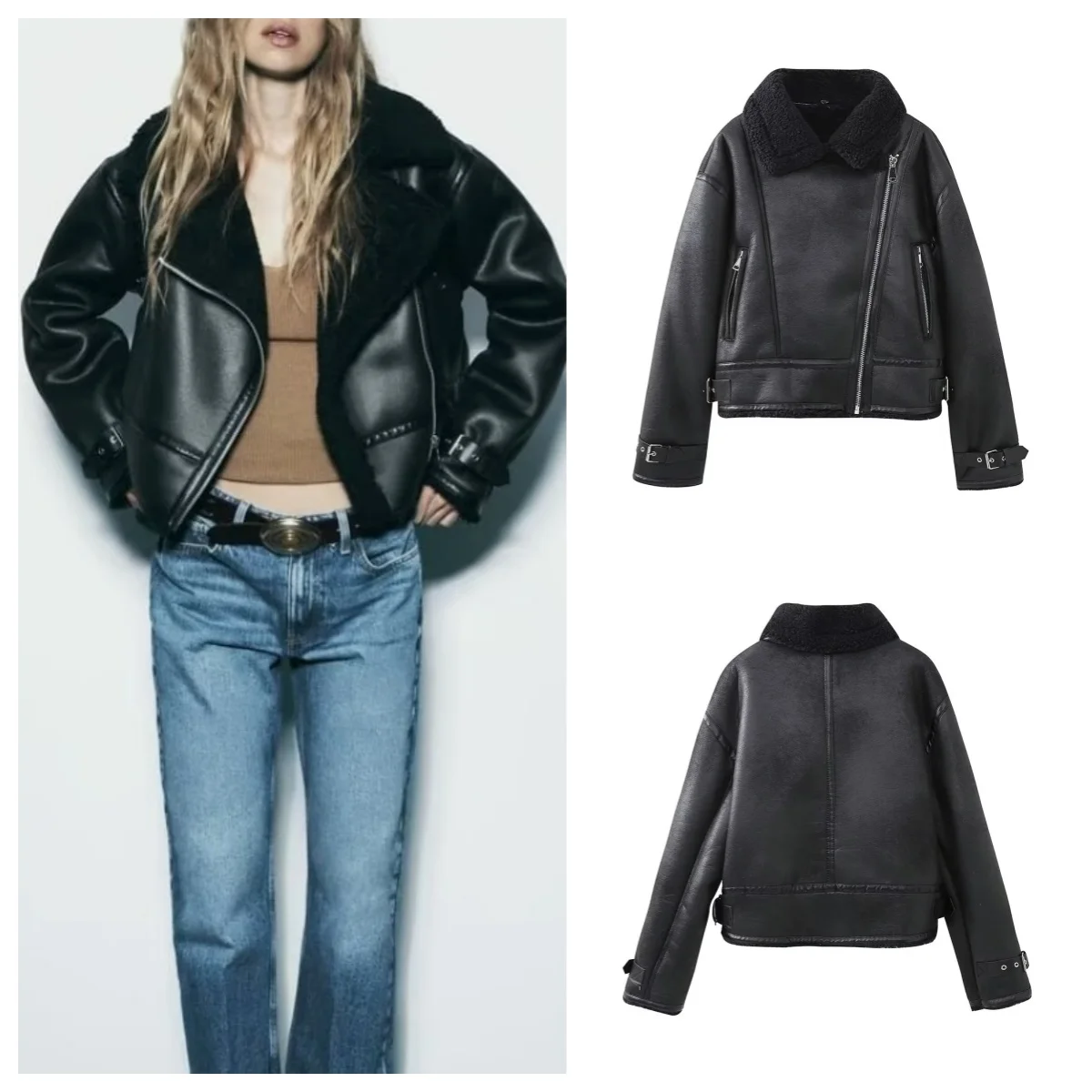 European and American style belted lapel fur integrated jacket for women winter fashion versatile double-sided leather jacket