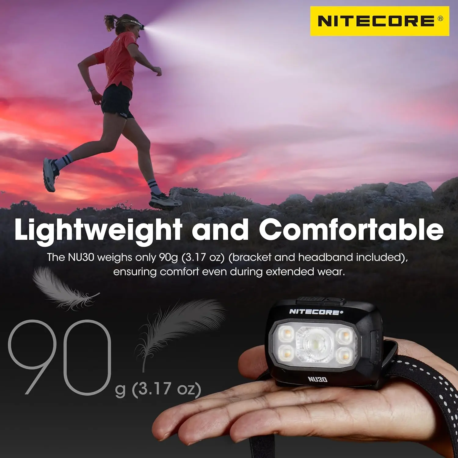 NU30 500 Lumen Triple Output Lightweight Outdoor Headlamp USB-C Rechargeable Headlight Tag