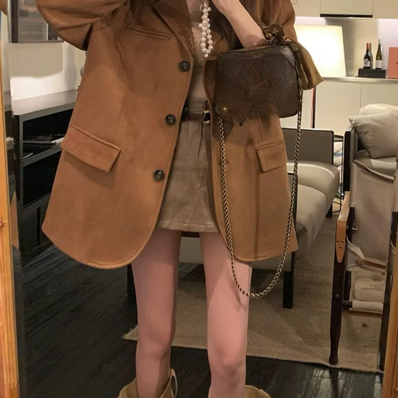 South Korea Style Texturous Suit Niche Brown Retro Suit Jacket Women's Spring and Autumn 2024 Fashion Elegant New Style