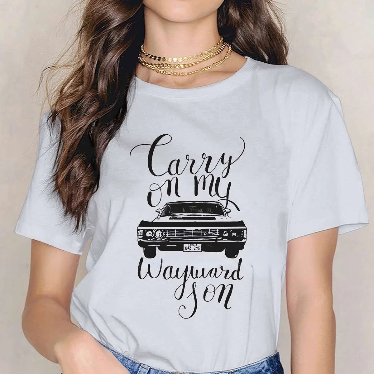 Classic Carry on My Wayward Son Premium Hipster TShirts Supernatural Dean Winchester Woman Graphic Fabric Streetwear T Shirt