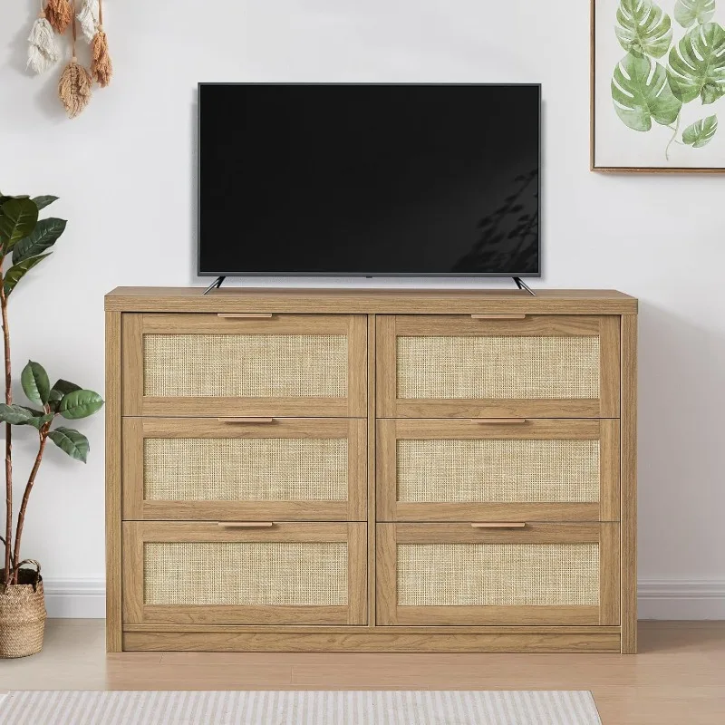 Hampstead Dresser for Bedroom, Rattan 6 Drawer Dresser, Boho Chest of Drawers, Wood Closet Dresser TV Stand for Living