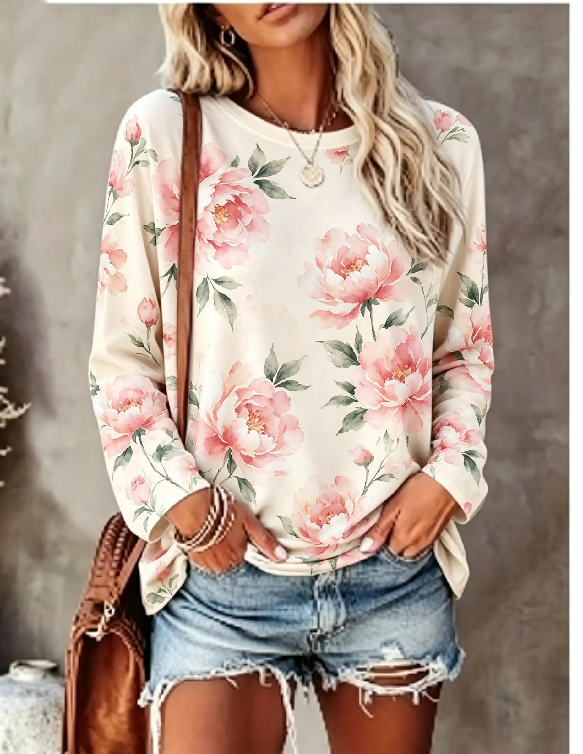 Women Long Sleeve T Shirt Watercolor Purple Hydrangea Floral Print Crew Neck Casual Fall Tops