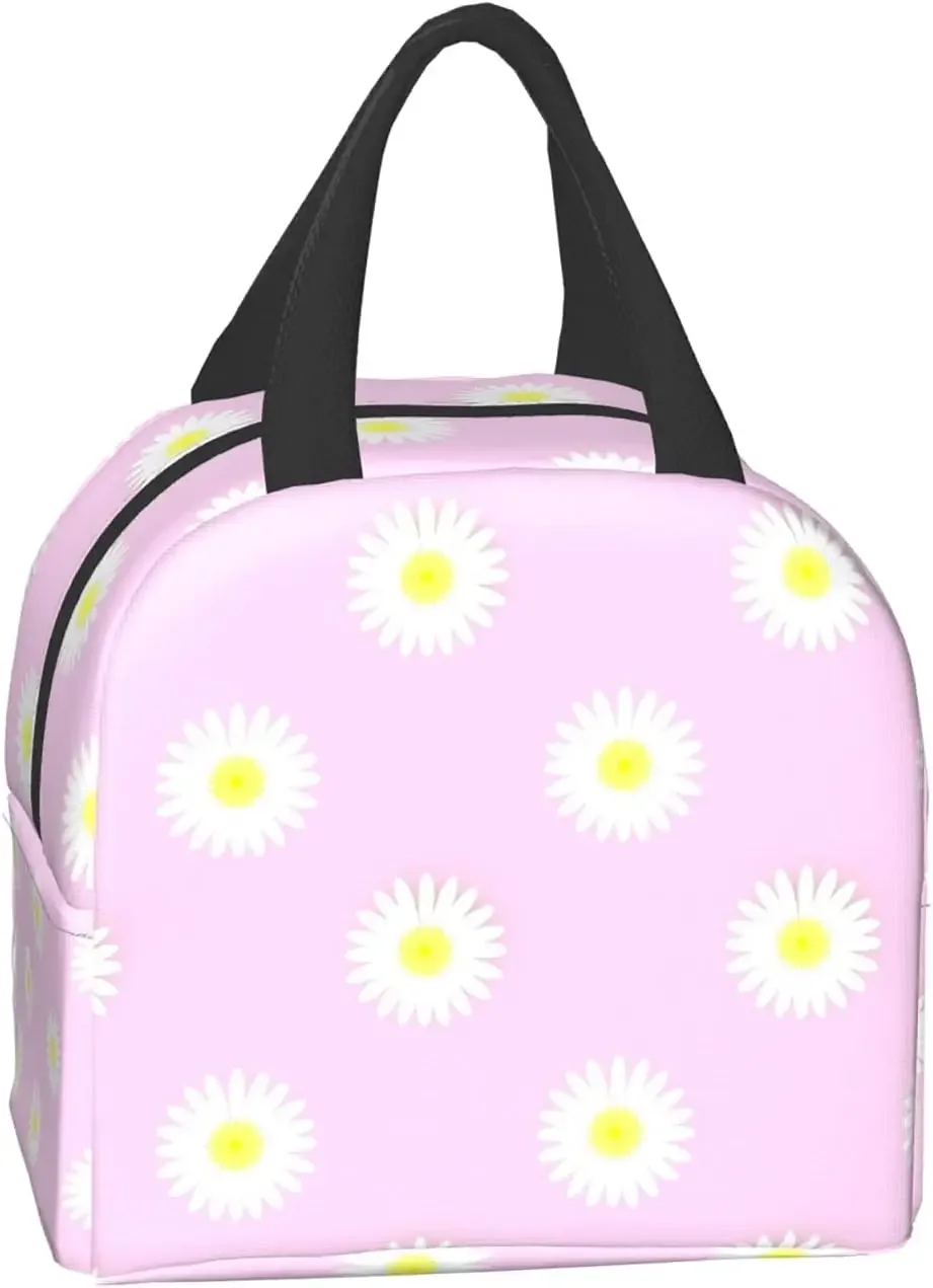 Daisy Pink Flower Lun Bag Travel Box Work Bento Cooler Reusable Tote Picnic Boxes Insulated Container Shopping Bags For Adult