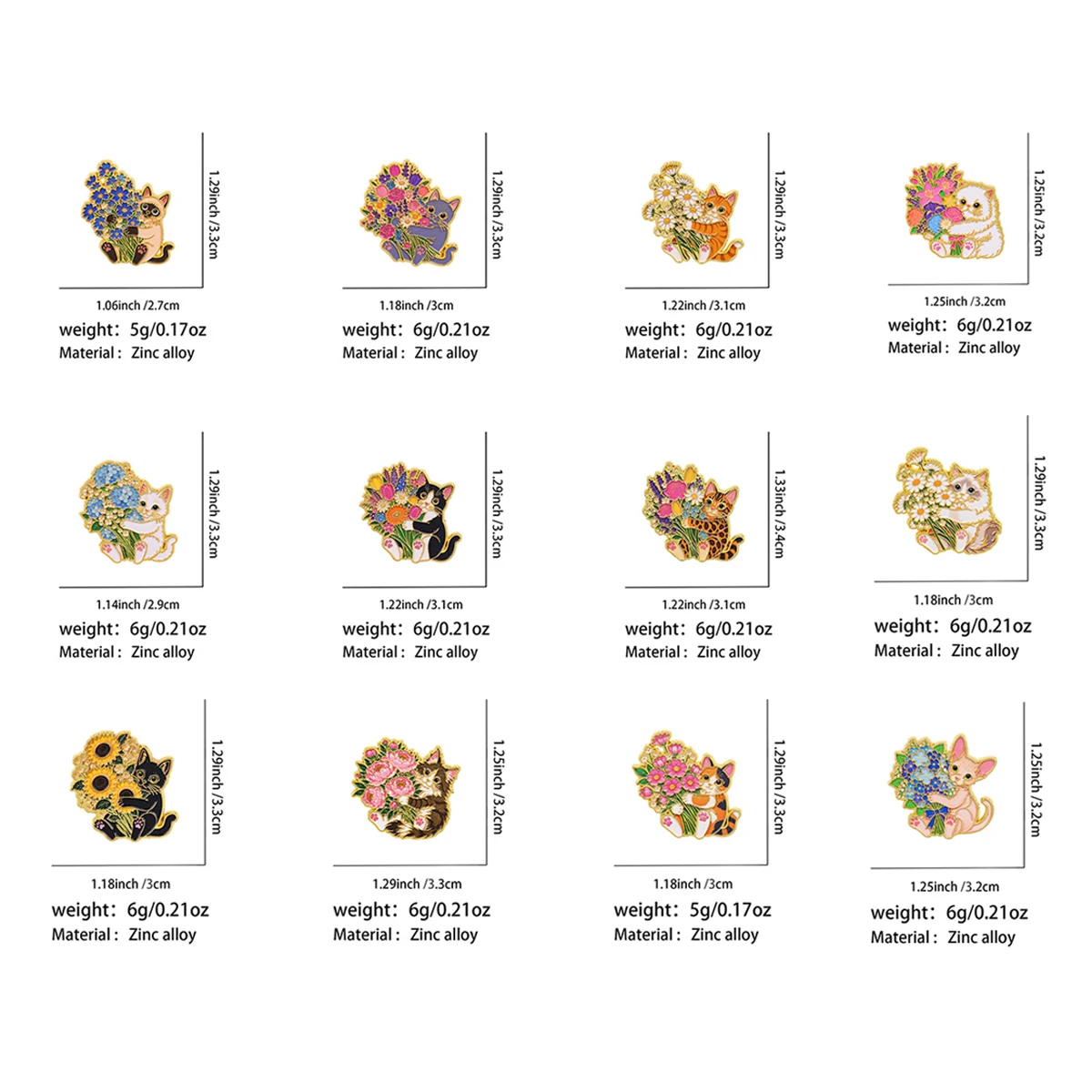 12-teiliges Set Blumenstrauß-Katzen-Emaille-Pins, Bunte Gemischte Katzen-Broschen für Rucksäcke, Kleidung, Schmuck, Geschenk für Tierliebhaber – Detail 1
