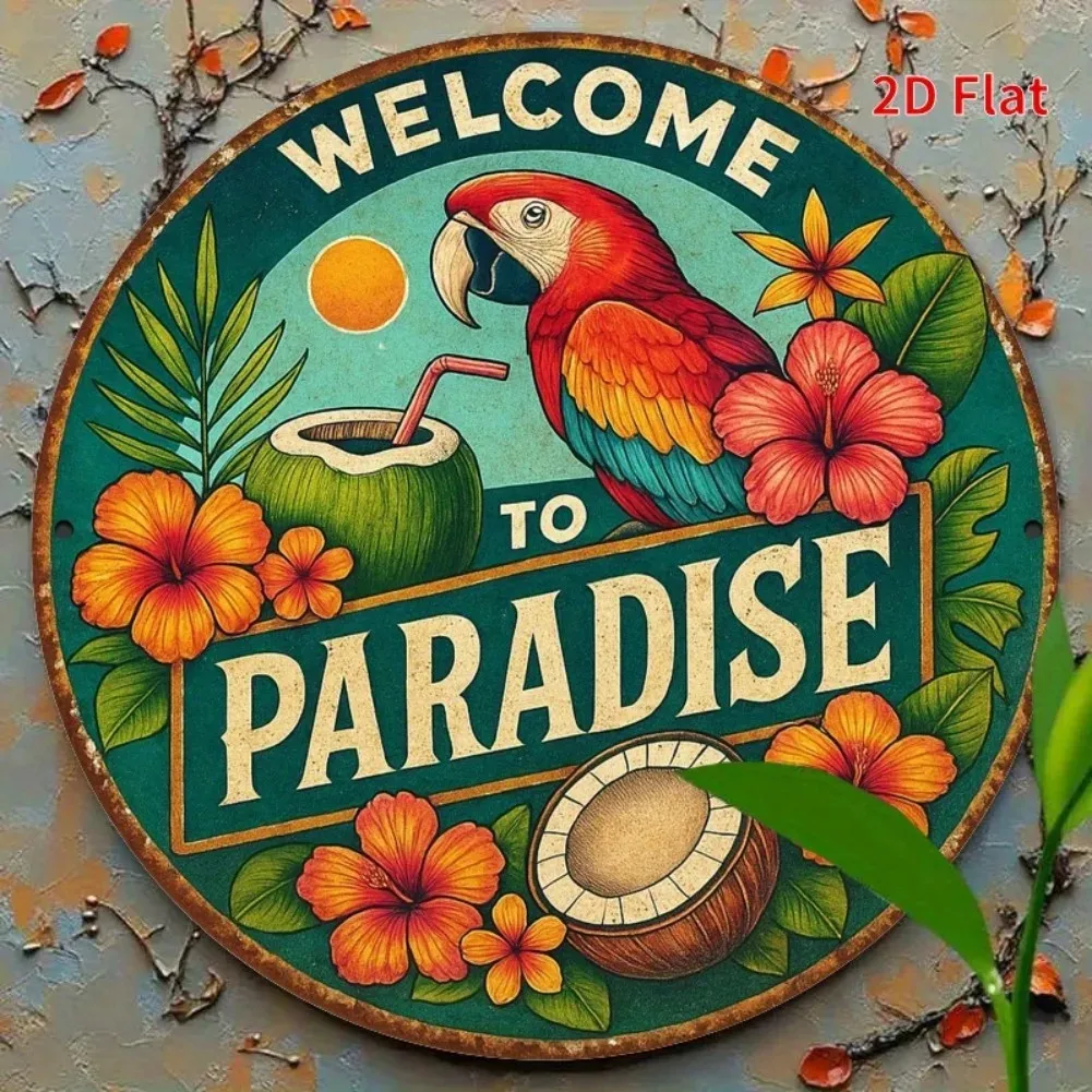 Welcome to Paradise Tropical Red Macaw Hibiscus Flowers Coco Metal Signs Home