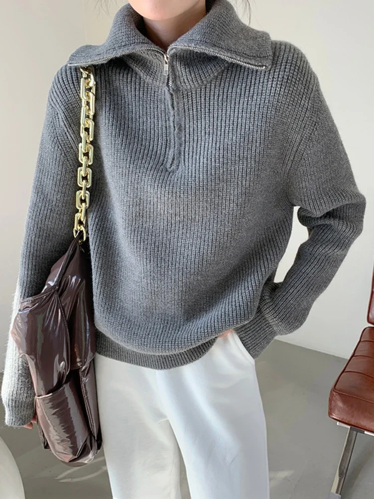 

Winter Women's Turtleneck Oversized Sweater Korean Fashion Zippers Thick Casual Long Sleeve Pullover Solid Color