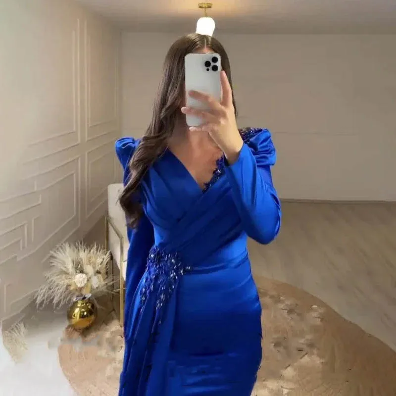 Exquisite Graceful Muslim Royal Blue Mermaid Evening Dresses V-Neck Decal Beading Long Sleeves Satin Formal Party Gowns