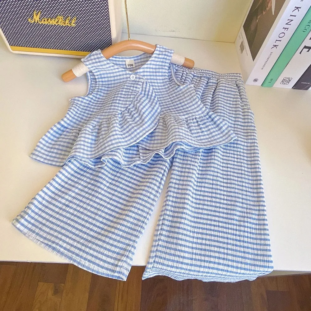Korean Version Children's Clothing 2026 Summer Girls Clothes Blue Striped Printed Fashionable and Casual Sleeveless Top + Pants