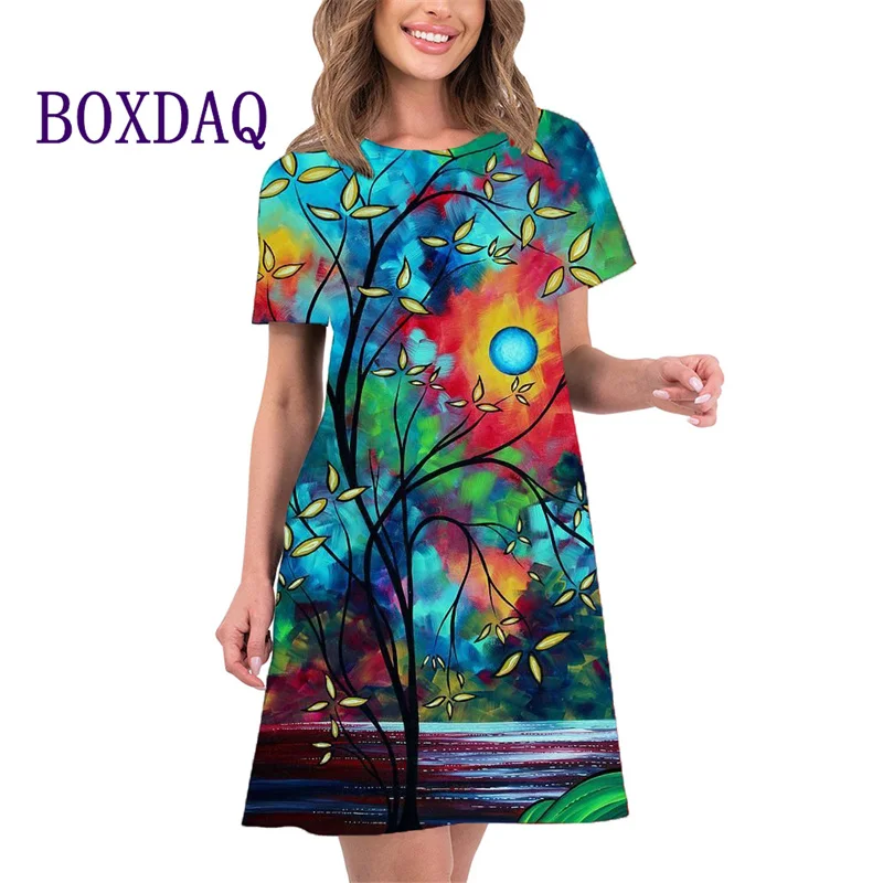 Vintage Oil Painting Women Dress New Spring Summer Short Sleeve O-Neck Loose Casual Ladies Mini Dresses Streetwear Clothing 2024