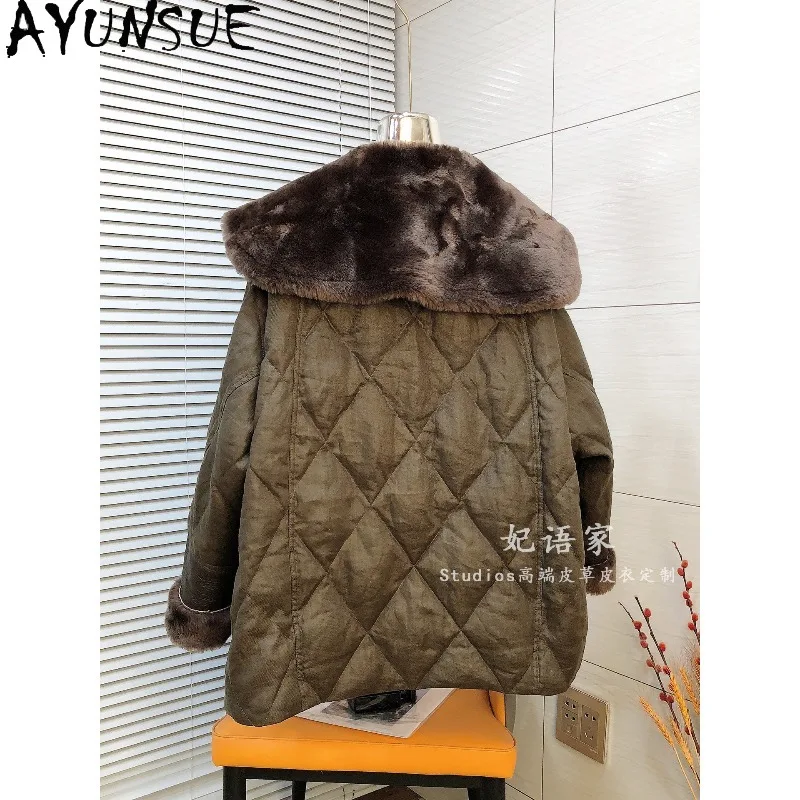 AYUNSUE Women's Shearling Fur Down Coats Mid-length Goose Down Jackets Warm Lamb Fur Collar Outerwears Woman Clothes Ropa Mujer