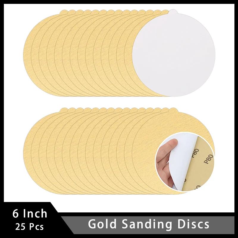 25 Pcs 6 Inch Gold Sanding Discs PSA Self Adhesive Stickyback Sandpaper for Random Orbital Sander for Automotive and Woodworking