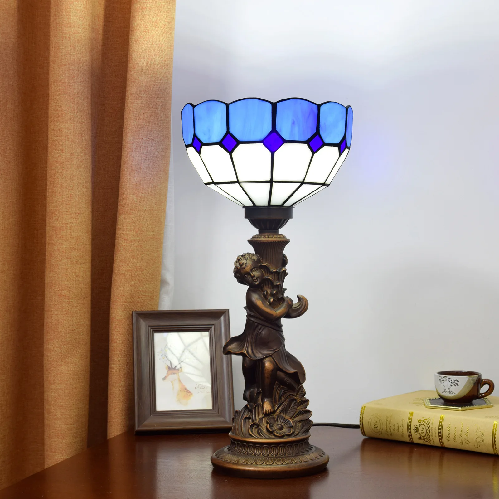 

Dia20cm Blue Mediterranean Boy Stained Glass Lamp Restaurant Bar Desk Decorative Table Lamp Bedroom Bedside Light