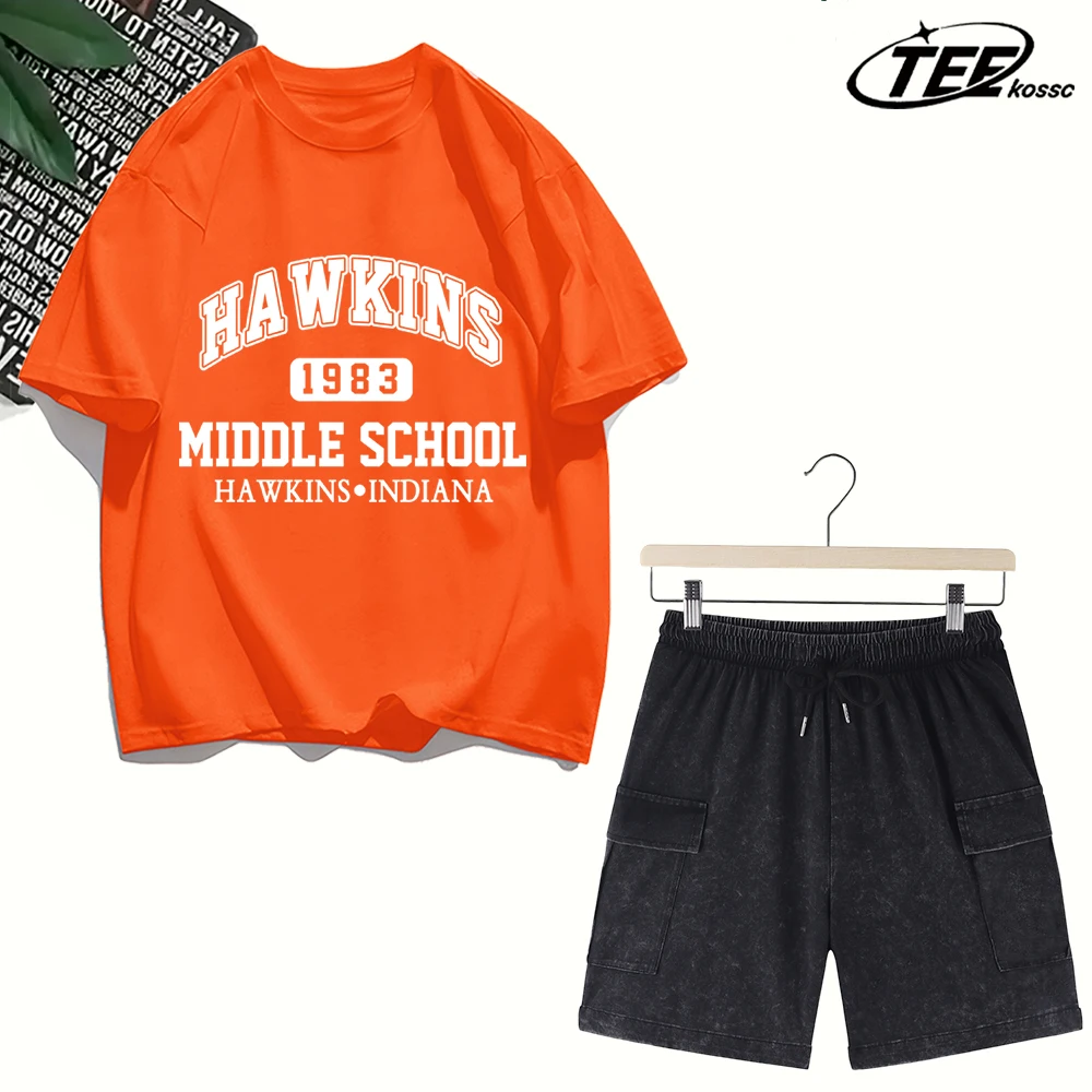 

Hawkins Middle School Printed Men Retro T Shirt Casual Loose T-Shirt Trendy Cotton Pants Summer Unisex Crewneck Short Sleeve