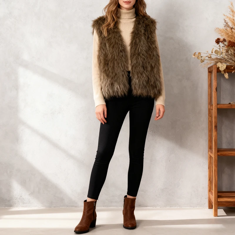 Women Cardigan Artificial Faux Fur Vest Solid Outwear Streetwear Fashion Brown Color Sleeveless V-neck Fluffy Waistcoat Jackets