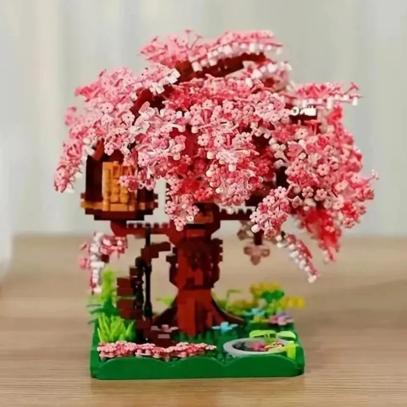 اللبنات الصغيرة بيت شجرة زهر الكرز ثلاثية الأبعاد نموذج تجميع الطوب لتقوم بها بنفسك ديكور المنزل اللعب الهدايا #2