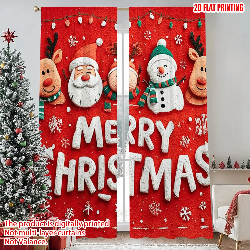 

2pcs 2D flat printing Christmas Window Curtains Santa Claus reindeer Versatile Polyester Fabric Without Electricity Party