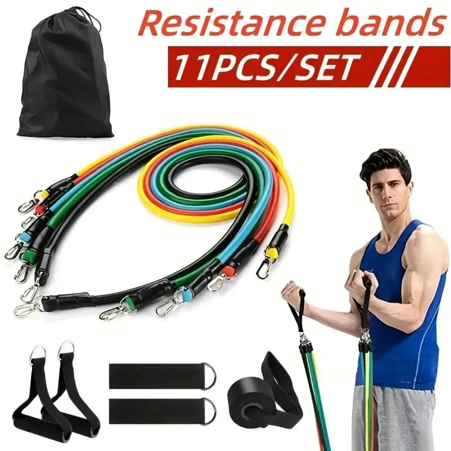 Conjunto de faixa de resistência tpe, 11 peças, fitness, corda de tração, faixa de treinamento elástica com alças de âncora de porta, bolsa de transporte, pernas, tiras de tornozelo