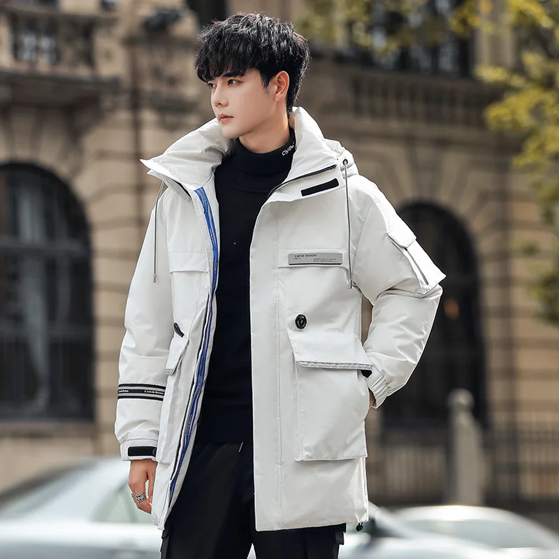 Winter White Duck Down Printed Down Jacket Men\'s Medium and Long Thick Warm Loose Northern Cold-proof Hooded Work Coat