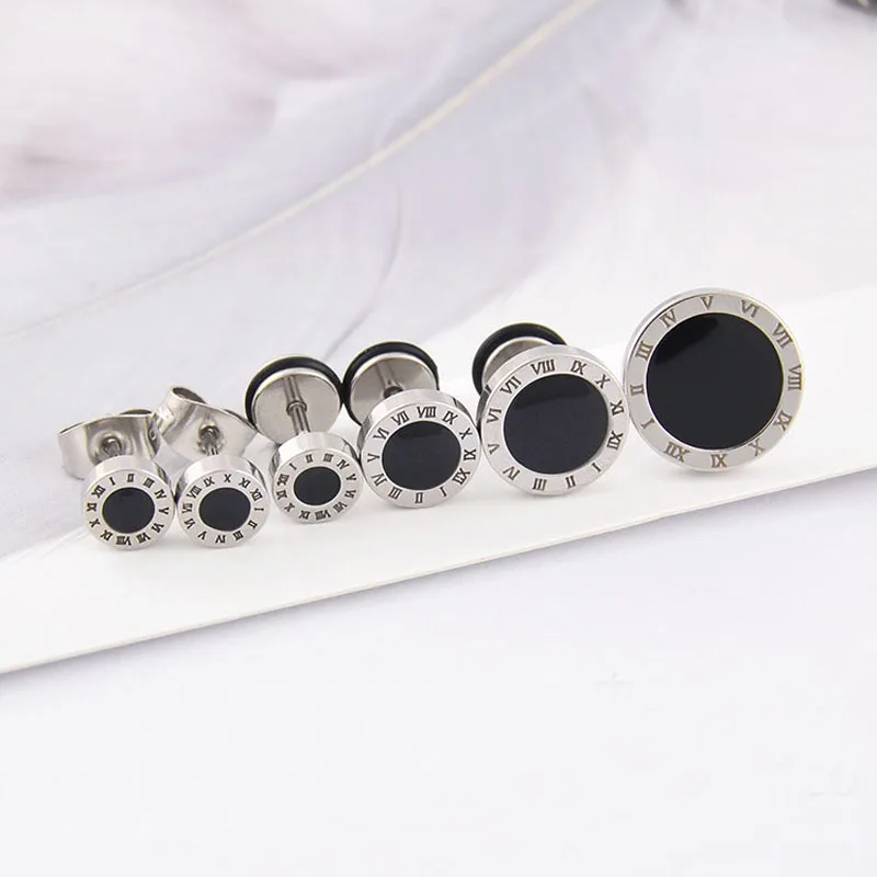 Stainless Steel Classic Barbell Shape Men and Women Ear Stud New Fashion Roman Numeral Screw Earrings Fasion Punk Jewellery Gift