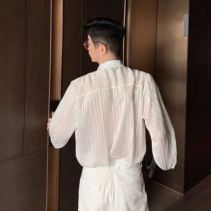 Men Translucent Stripes Casual Loose Long Sleeve Mesh Dress Shirt Male Vintage Fashion White Shirts Stage Clothing