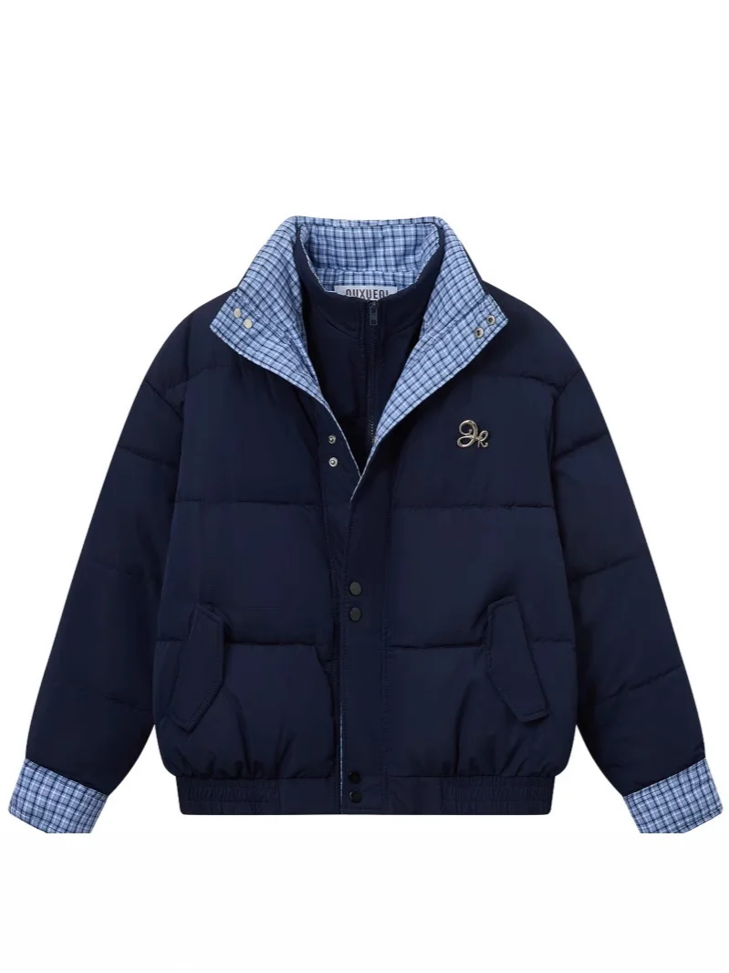 Chaqueta de algodón empalmada a cuadros para mujer, abrigo falso de dos piezas con cuello levantado, versión coreana, holgado y versátil, estilo ins, Otoño e Invierno