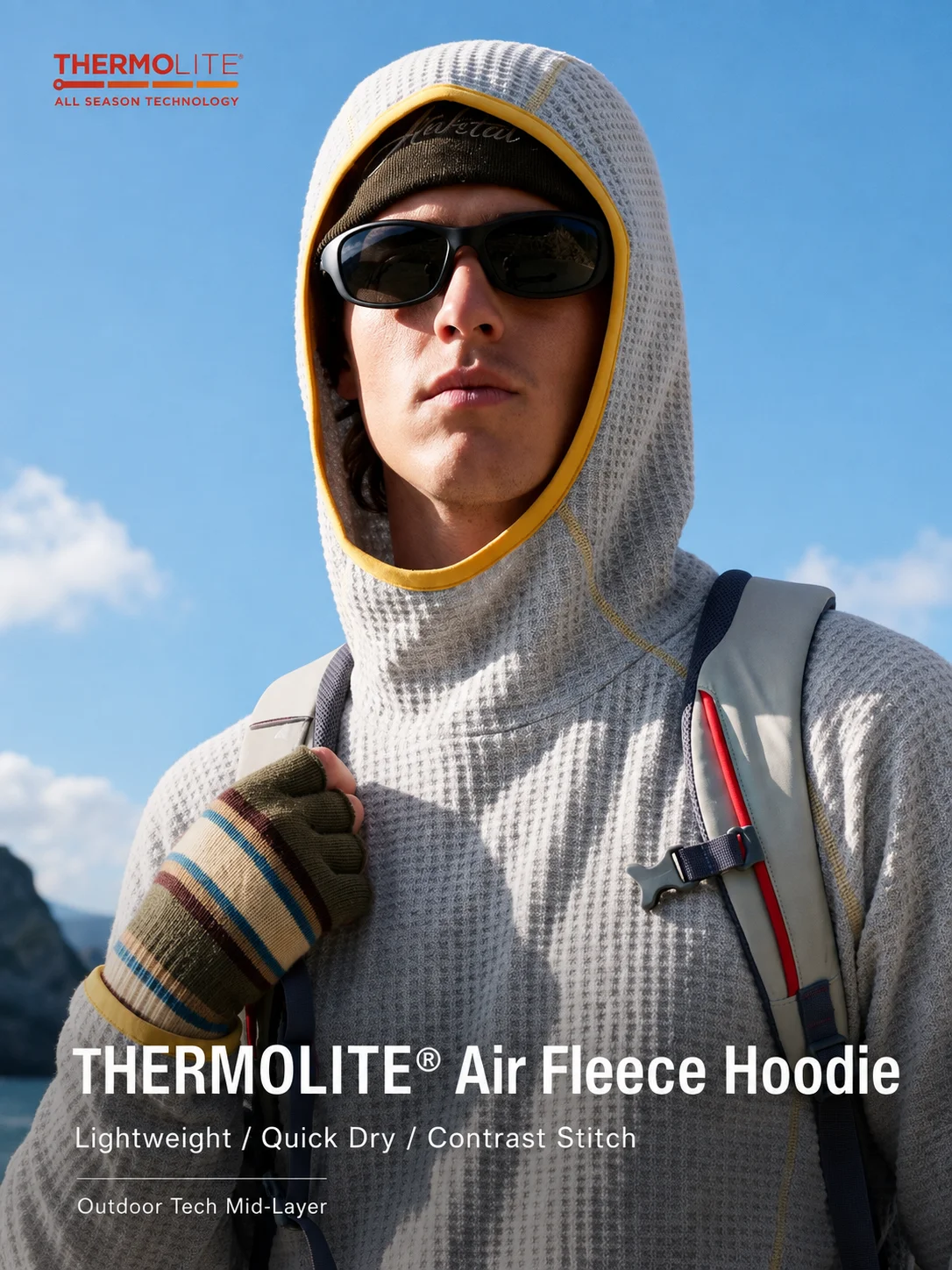THERMOLITE® Men's Lightweight Air Fleece Hoodie Contrast Stitch Thermal Pullover Sweatshirt Quick Dry Outdoor Athletic Tech Top