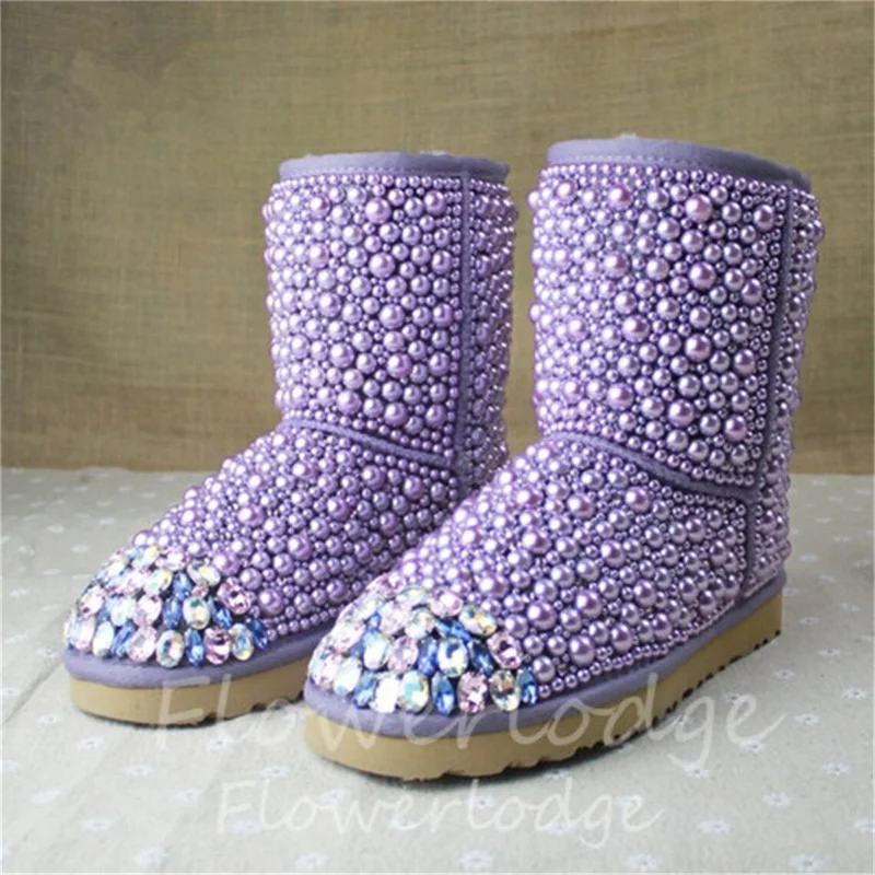 Hand custom full diamond-purple pearl tube plus velvet fur one large size leisure snow boots women's cotton shoes 35-44