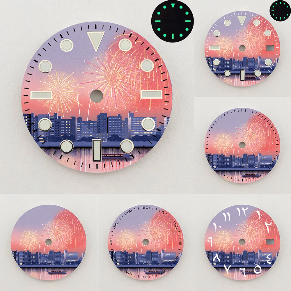 28.5mm NH35 Dial Firework City Sunset Scenery Dial Green Luminous Dial Color NH36 Dial Watch Accessories Fits NH35/NH36 Movement