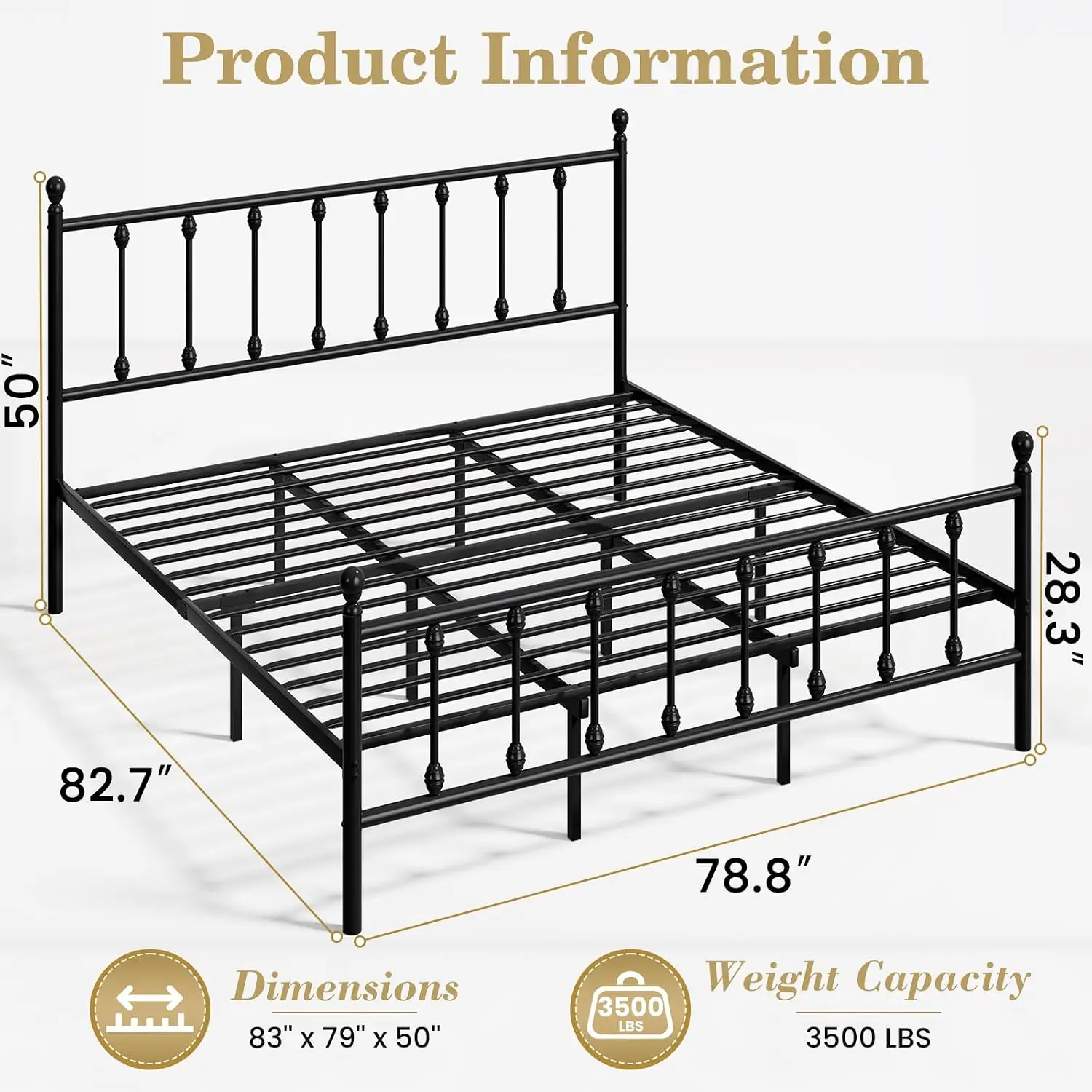 14 Inch King Vintage Metal Platform Bed Frame with Headboard & Footboard, Underbed Storage No Box Spring, Customized