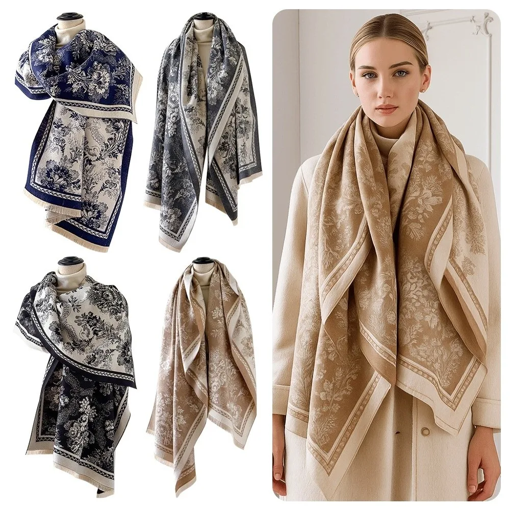 

Elegant Two-Sided Jacquard Scarf Windproof Warm Pashmina Shawl Thick Cashmere Scarf for Autumn Winter