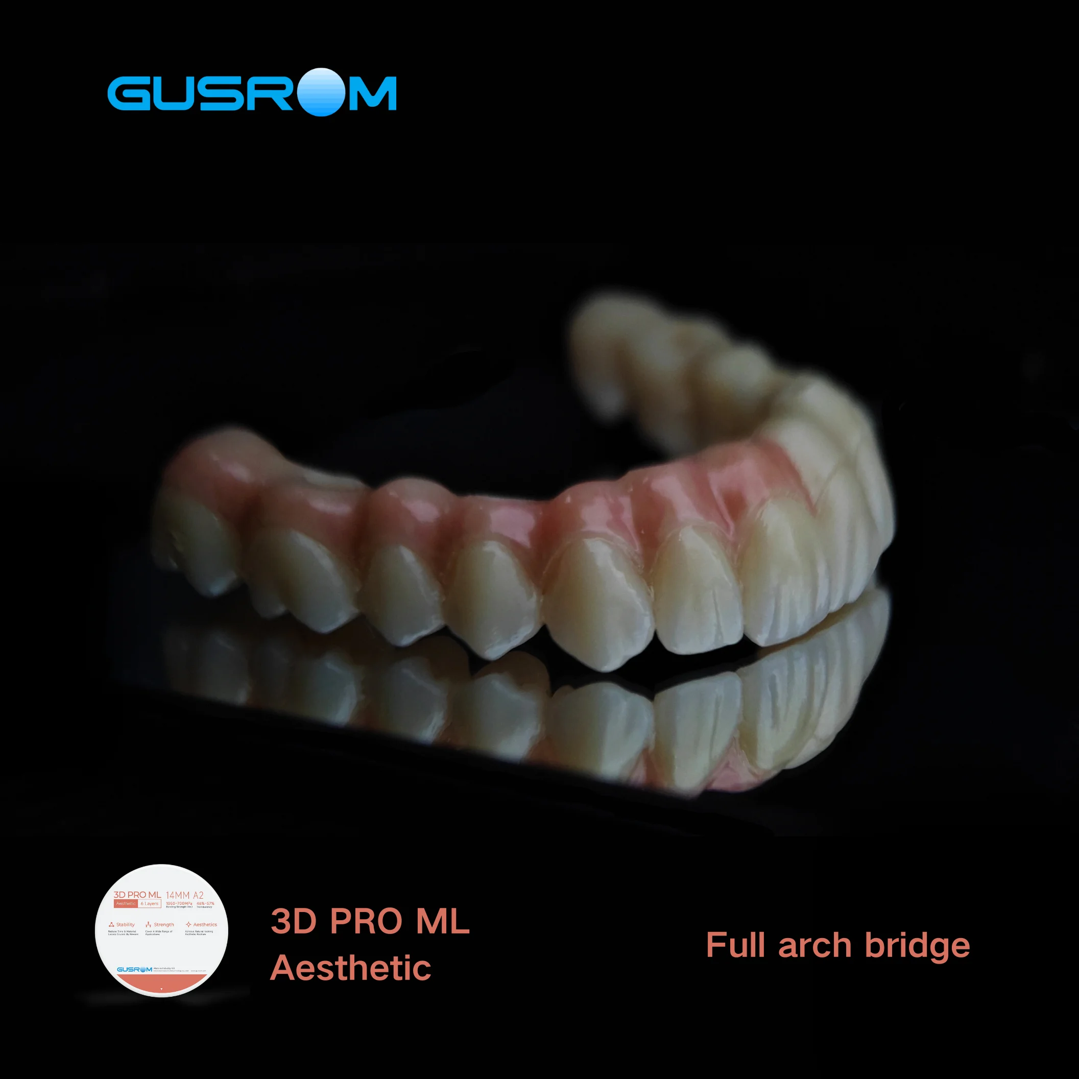 

GUSROM A-Shade 3D PRO Multilayer 98mm Zirconia Disk for CAD/CAM Milling Lab Use High Strength Full-Contour Crown Material